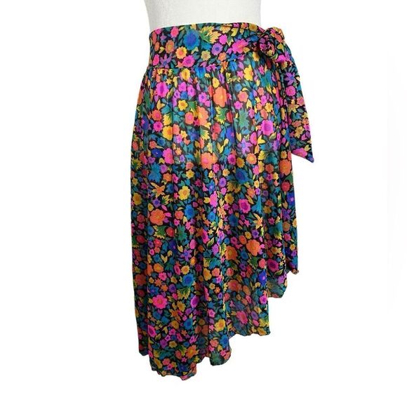 Oscar de la Renta Black Bright Floral Print Swimsuit Cover-Up Sarong Skirt - Picture 1 of 5